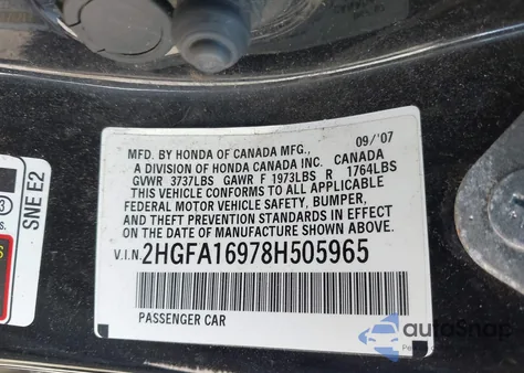 2008 Honda Civic Ex-L from USA, damaged, VIN 2HGFA16978H505965